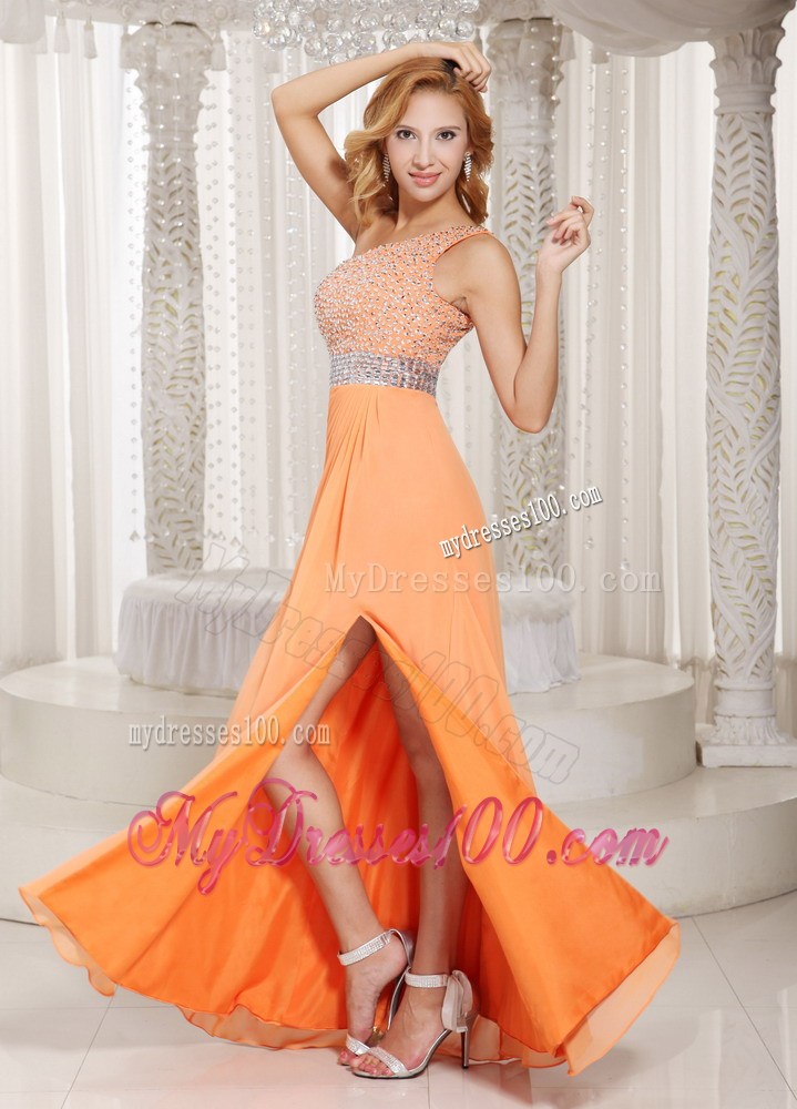 one Shoulder and High Slit Orange Stylish Chiffon Prom Dress with Beading