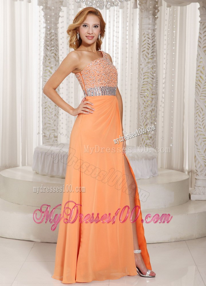 one Shoulder and High Slit Orange Stylish Chiffon Prom Dress with Beading