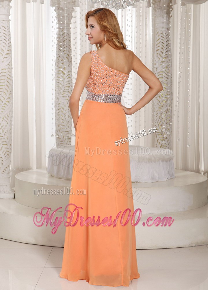 one Shoulder and High Slit Orange Stylish Chiffon Prom Dress with Beading