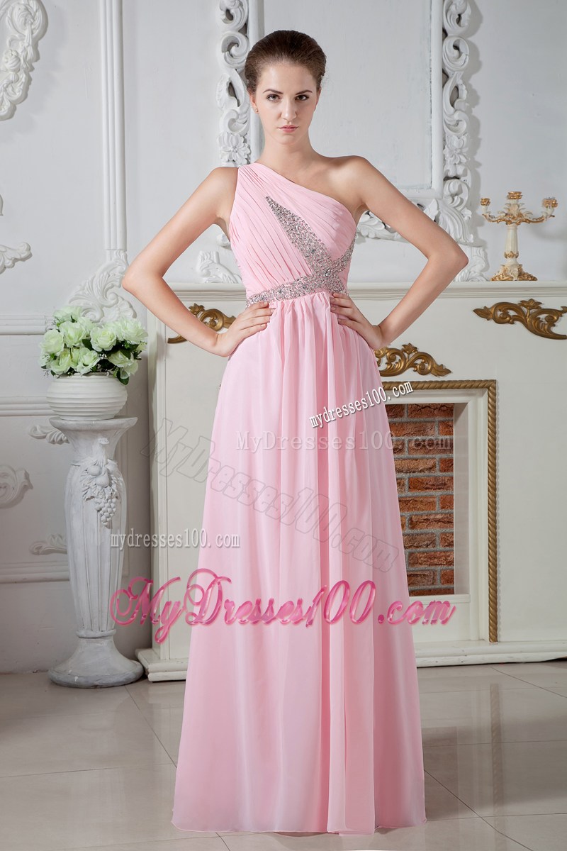 one Shoulder Floor-length Beaded Chiffon Pleated Prom Dresses in Baby Pink