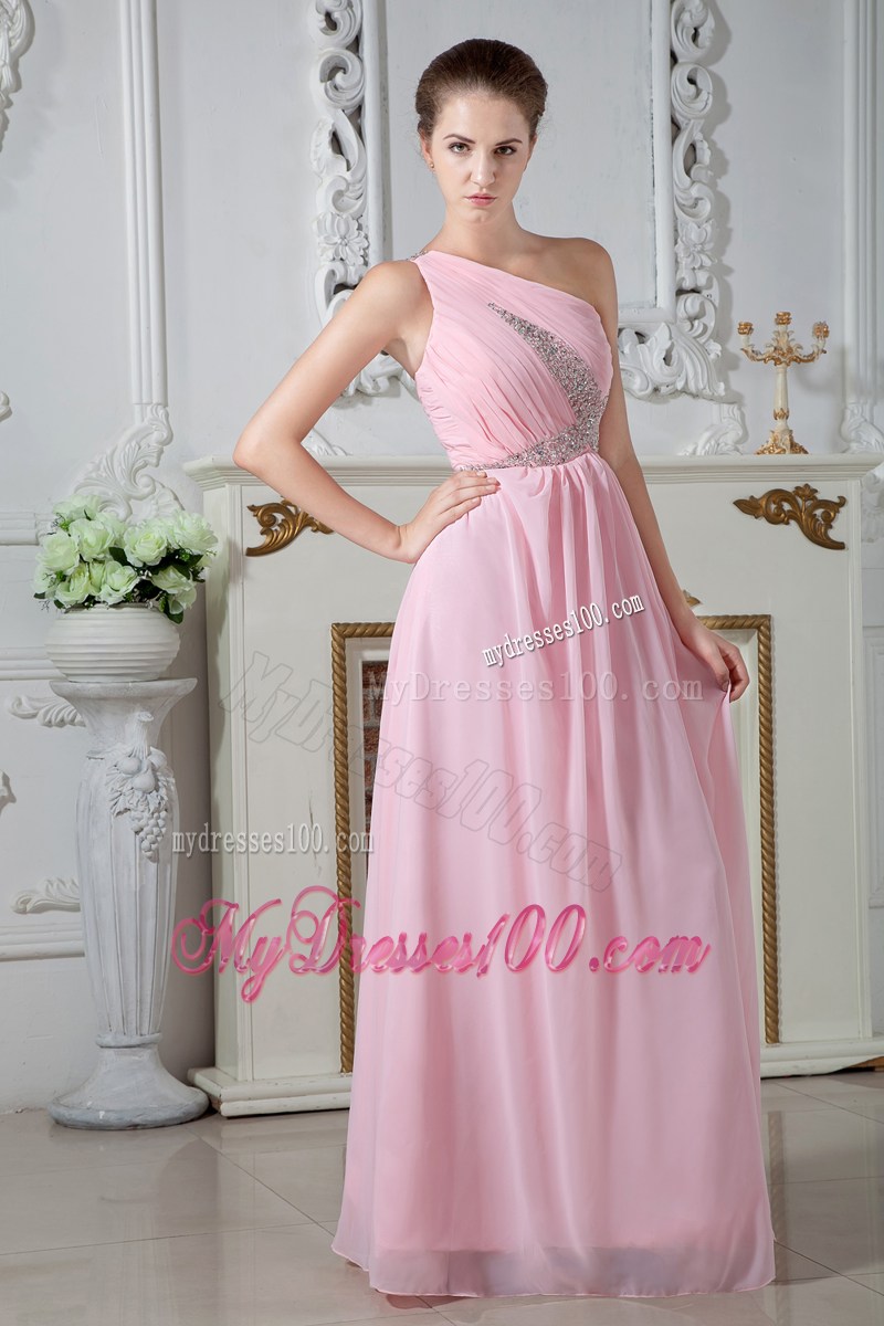one Shoulder Floor-length Beaded Chiffon Pleated Prom Dresses in Baby Pink
