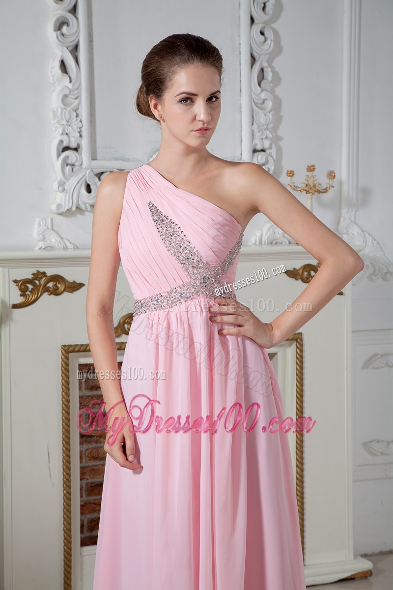one Shoulder Floor-length Beaded Chiffon Pleated Prom Dresses in Baby Pink