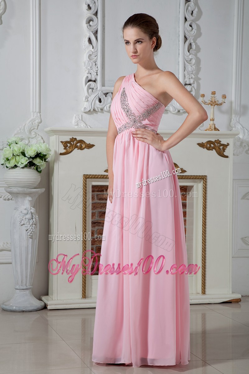 one Shoulder Floor-length Beaded Chiffon Pleated Prom Dresses in Baby Pink
