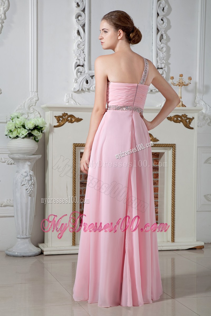 one Shoulder Floor-length Beaded Chiffon Pleated Prom Dresses in Baby Pink