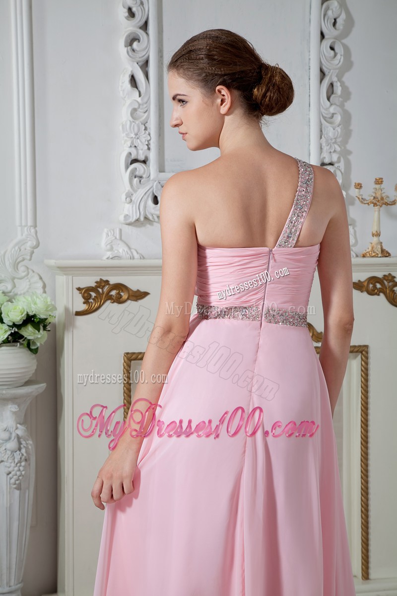 one Shoulder Floor-length Beaded Chiffon Pleated Prom Dresses in Baby Pink
