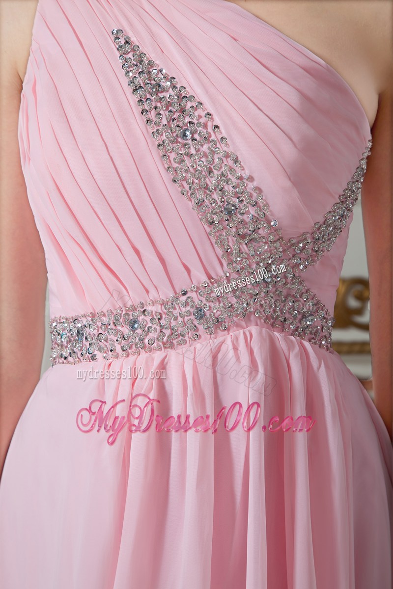 one Shoulder Floor-length Beaded Chiffon Pleated Prom Dresses in Baby Pink