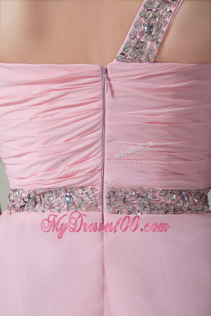 one Shoulder Floor-length Beaded Chiffon Pleated Prom Dresses in Baby Pink