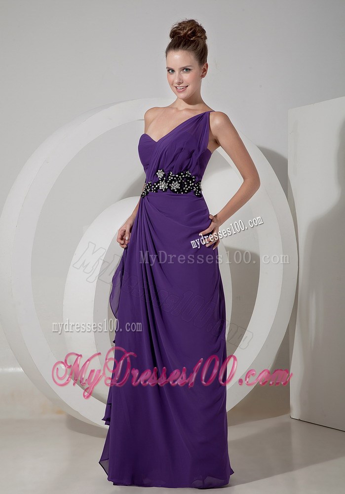 Purple Single Shoulder Floor-length Prom Gowns with Black Appliqued Belt