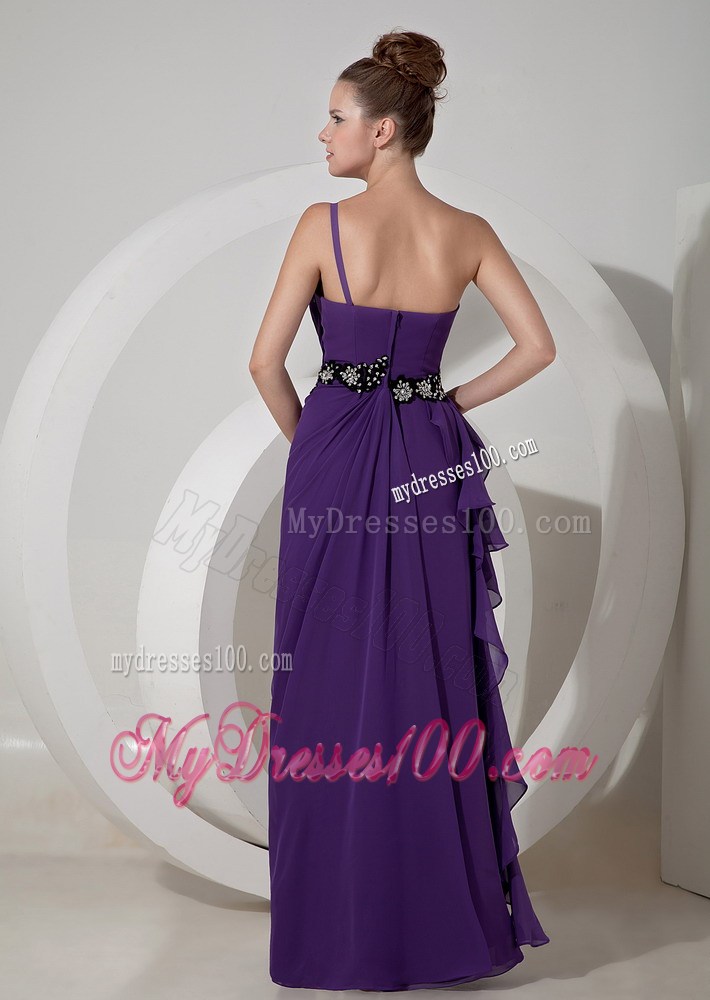 Purple Single Shoulder Floor-length Prom Gowns with Black Appliqued Belt