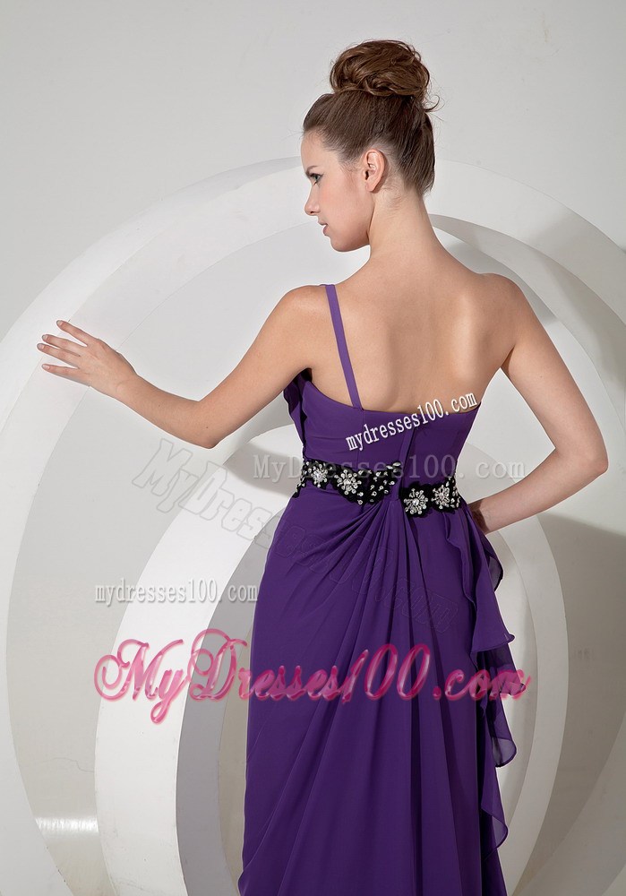 Purple Single Shoulder Floor-length Prom Gowns with Black Appliqued Belt