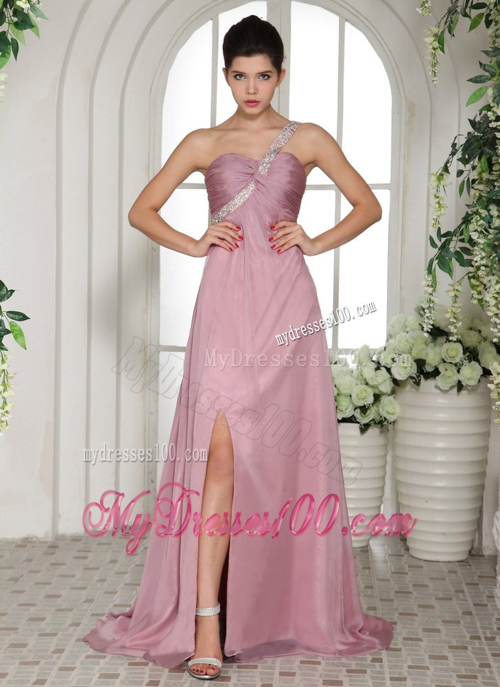Single Shoulder and Side Slit Style Lavender Prom Dress with Beading and Ruches
