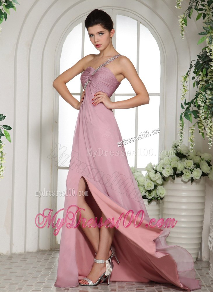 Single Shoulder and Side Slit Style Lavender Prom Dress with Beading and Ruches