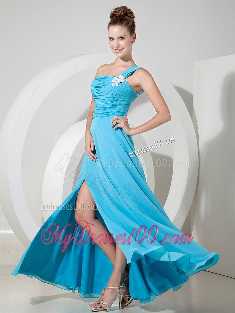 Side Slit and one Shoulder Floor-length Aqua Blue Prom Dress of Chiffon