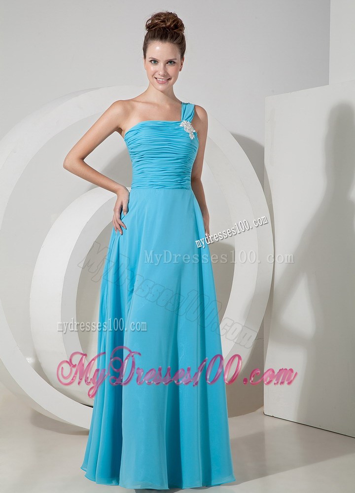 Side Slit and one Shoulder Floor-length Aqua Blue Prom Dress of Chiffon