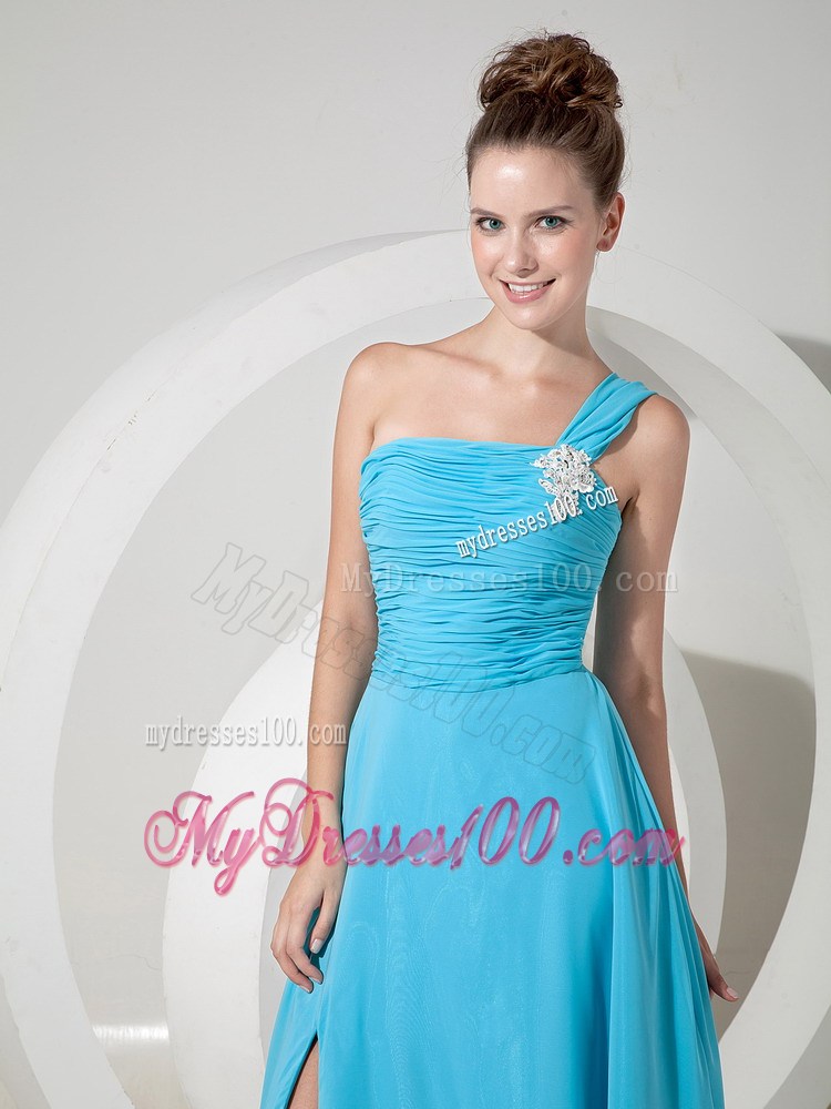 Side Slit and one Shoulder Floor-length Aqua Blue Prom Dress of Chiffon