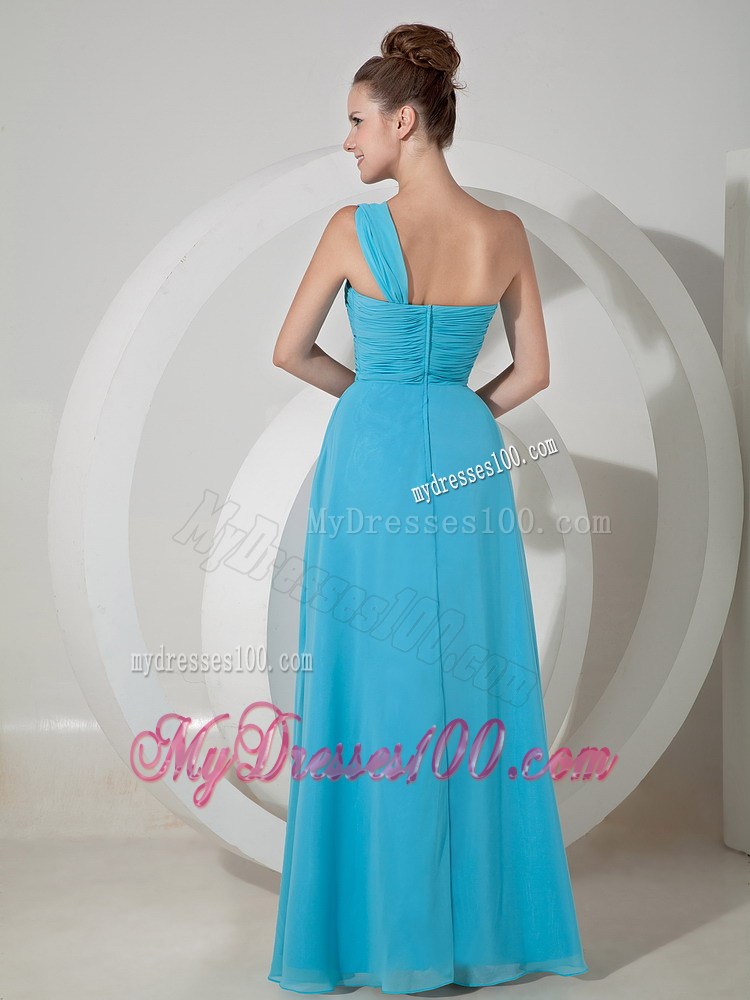 Side Slit and one Shoulder Floor-length Aqua Blue Prom Dress of Chiffon
