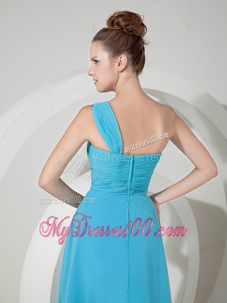 Side Slit and one Shoulder Floor-length Aqua Blue Prom Dress of Chiffon