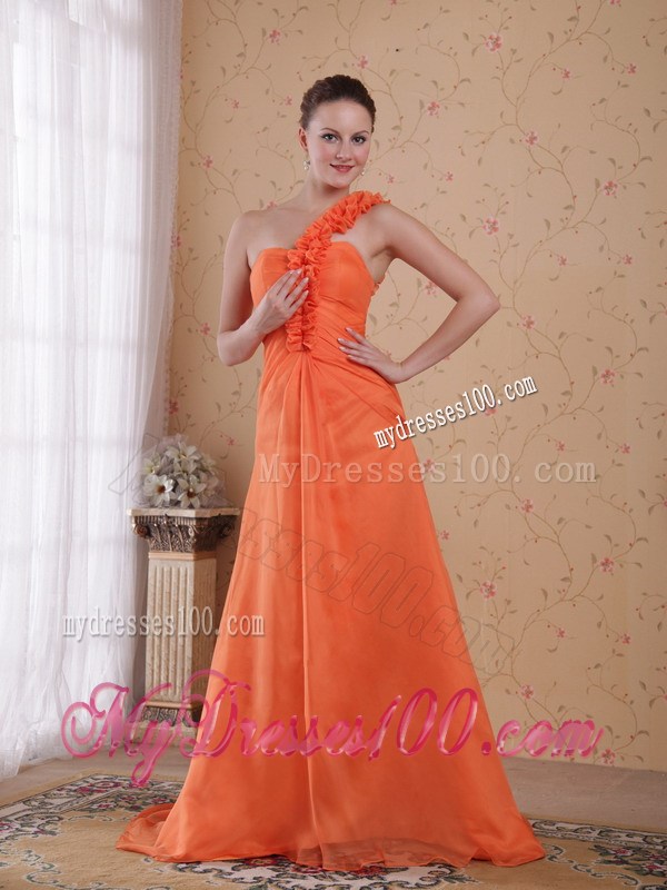Flowery one Shoulder Ruched Orange Dresses for Prom with Sweep Train