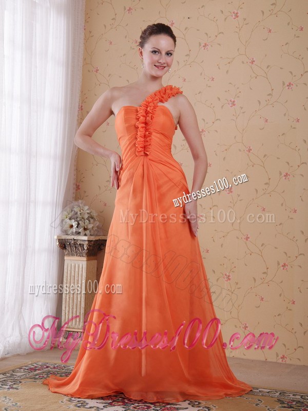 Flowery one Shoulder Ruched Orange Dresses for Prom with Sweep Train