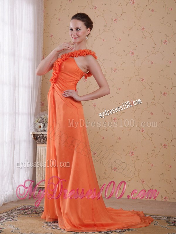 Flowery one Shoulder Ruched Orange Dresses for Prom with Sweep Train