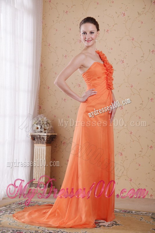 Flowery one Shoulder Ruched Orange Dresses for Prom with Sweep Train