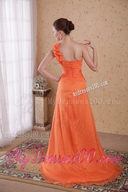 Flowery one Shoulder Ruched Orange Dresses for Prom with Sweep Train