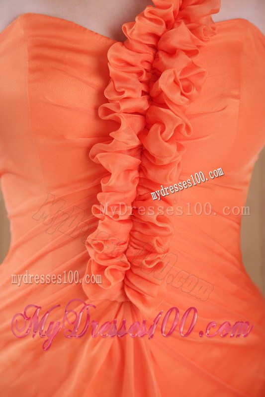 Flowery one Shoulder Ruched Orange Dresses for Prom with Sweep Train