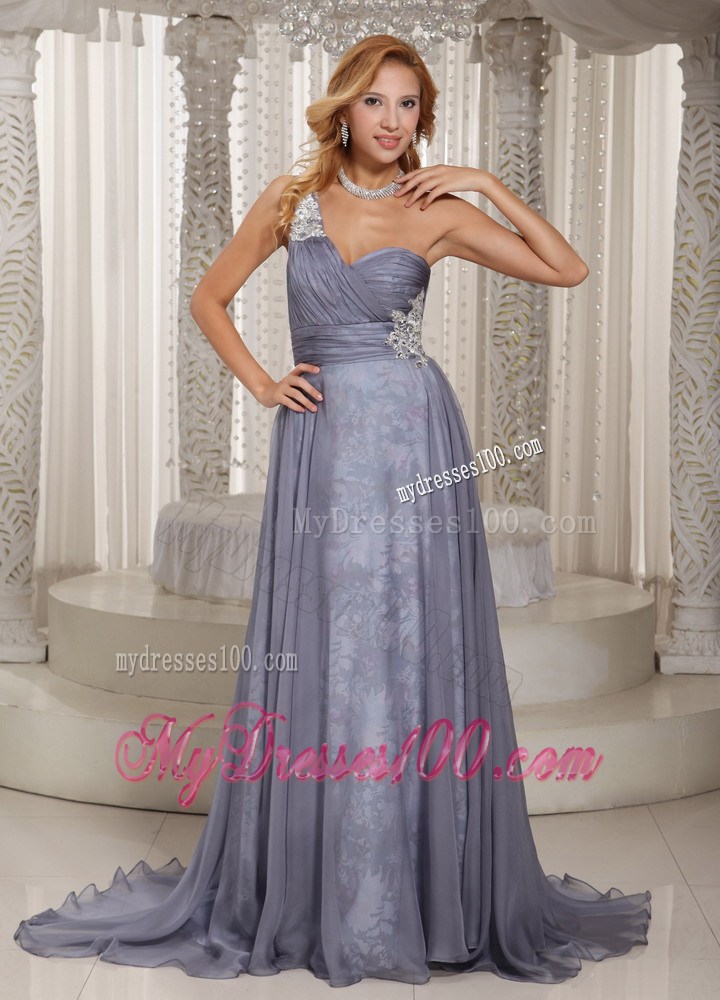 one Shoulder Ruched and Pleated Grey Chiffon Brush Train Prom Gown with Print