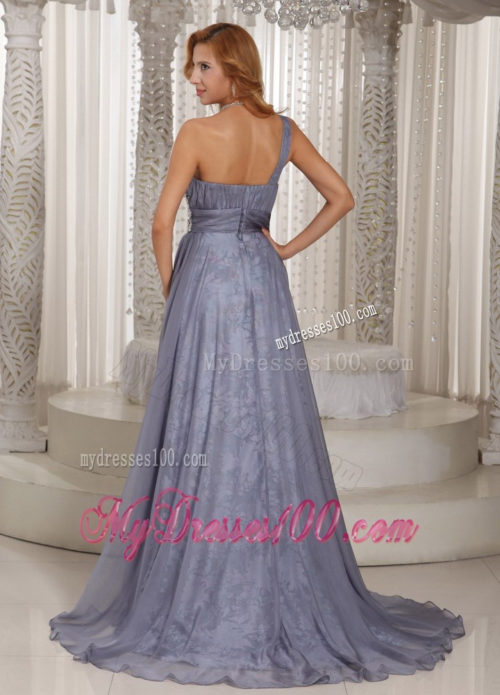 one Shoulder Ruched and Pleated Grey Chiffon Brush Train Prom Gown with Print