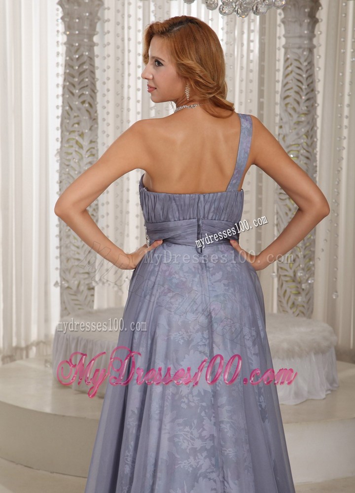 one Shoulder Ruched and Pleated Grey Chiffon Brush Train Prom Gown with Print