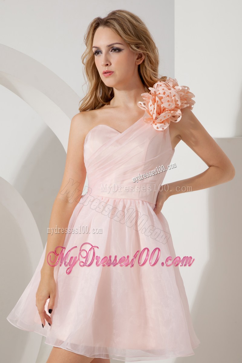 Ruched Baby Pink Organza Prom Dress of Flowery One Shoulder and Mini-length