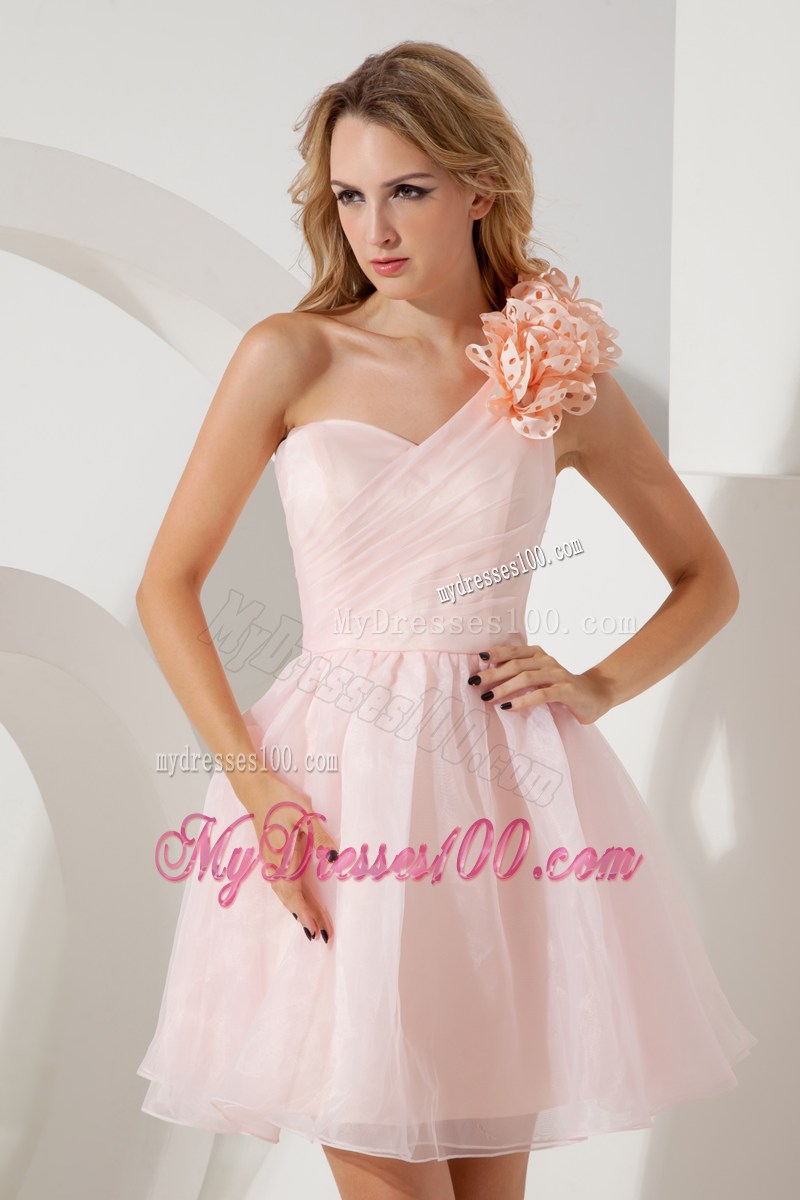 Ruched Baby Pink Organza Prom Dress of Flowery One Shoulder and Mini-length