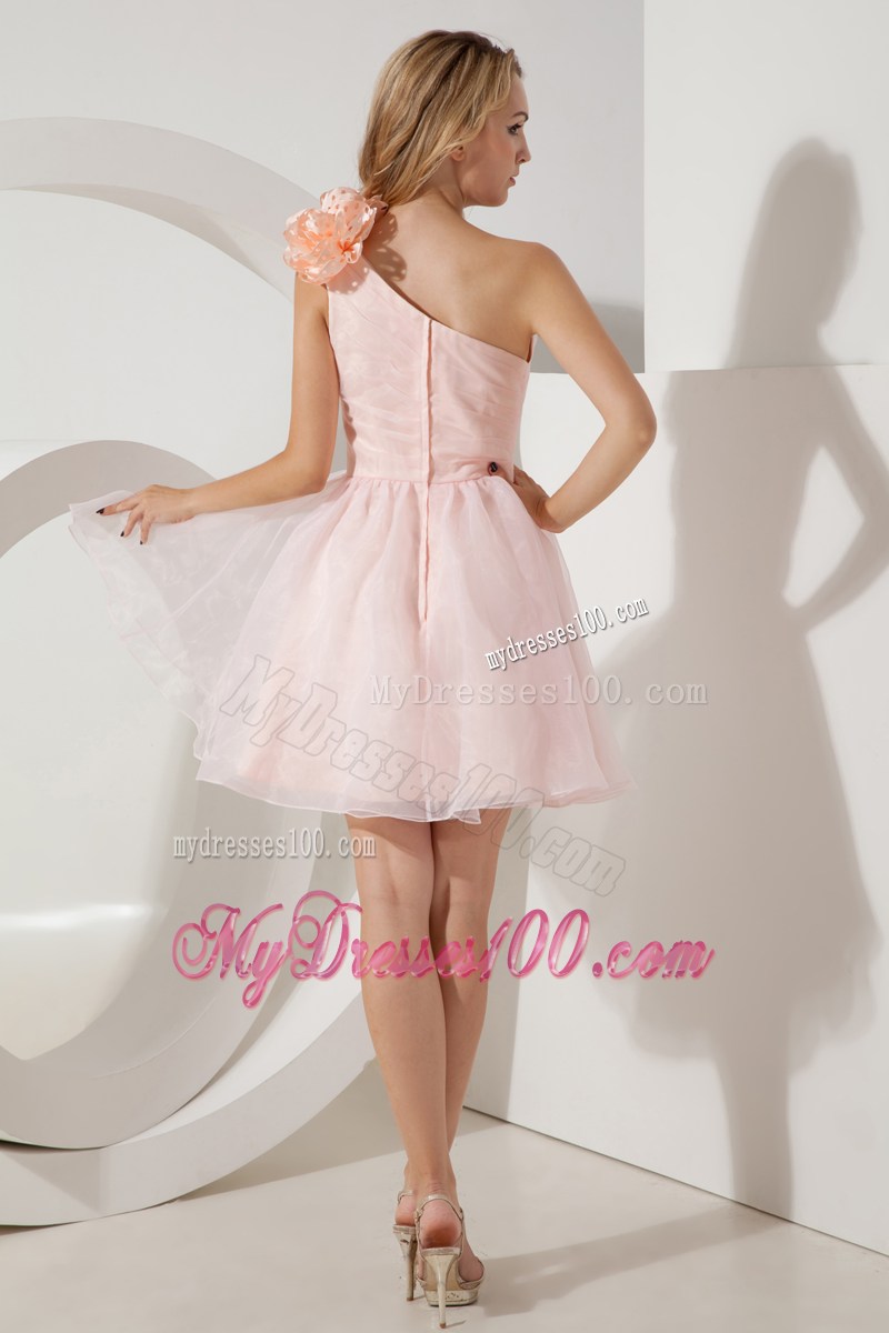 Ruched Baby Pink Organza Prom Dress of Flowery One Shoulder and Mini-length