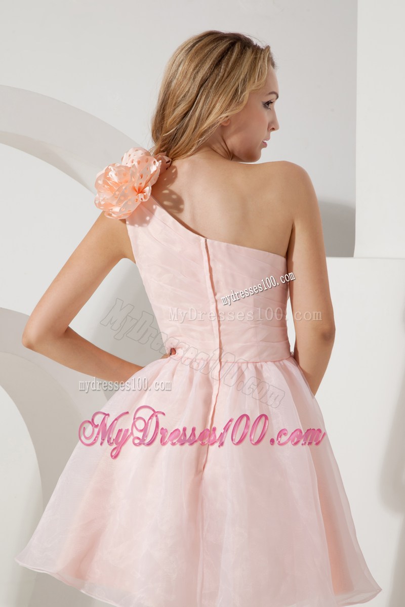 Ruched Baby Pink Organza Prom Dress of Flowery One Shoulder and Mini-length