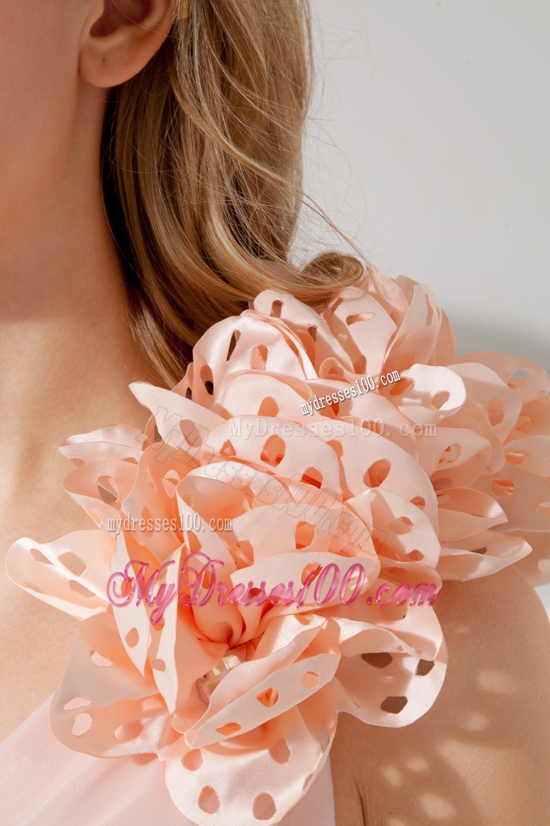 Ruched Baby Pink Organza Prom Dress of Flowery One Shoulder and Mini-length