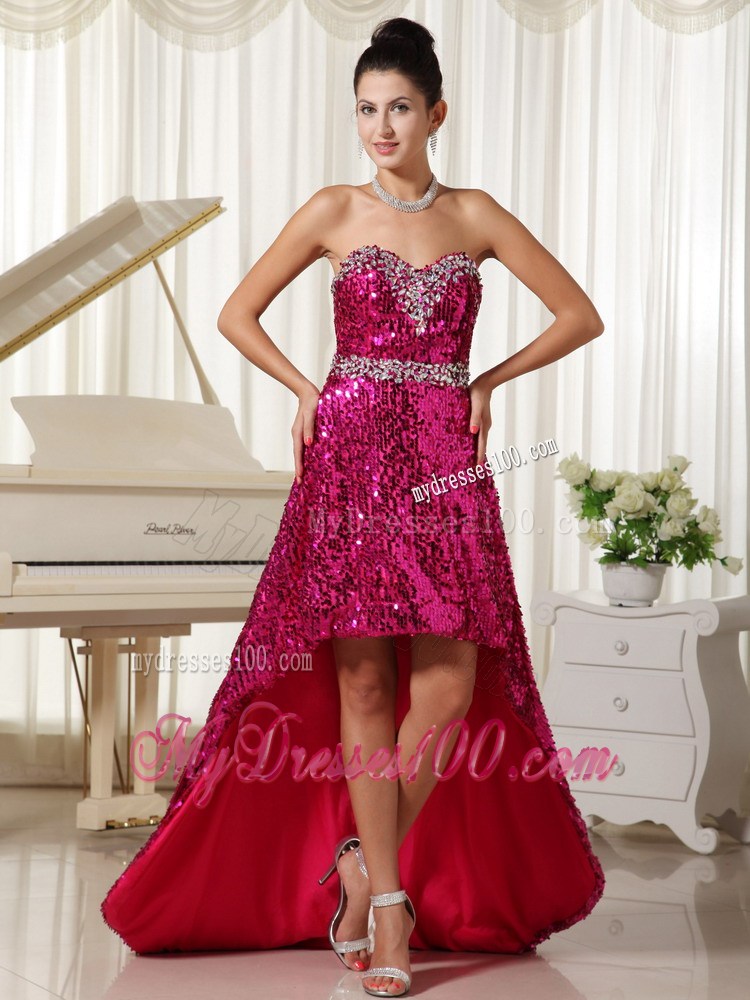 Beaded Hot Pink Sweetheart High-low Prom Dress with Sequins Over Skirt