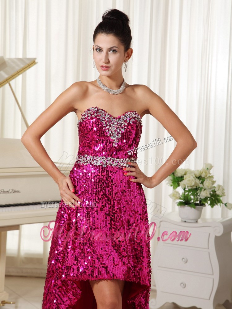 Beaded Hot Pink Sweetheart High-low Prom Dress with Sequins Over Skirt