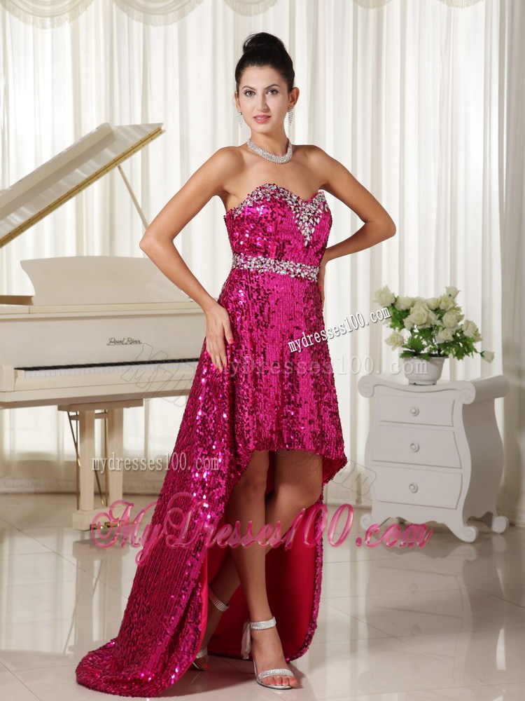 Beaded Hot Pink Sweetheart High-low Prom Dress with Sequins Over Skirt