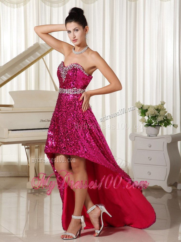 Beaded Hot Pink Sweetheart High-low Prom Dress with Sequins Over Skirt