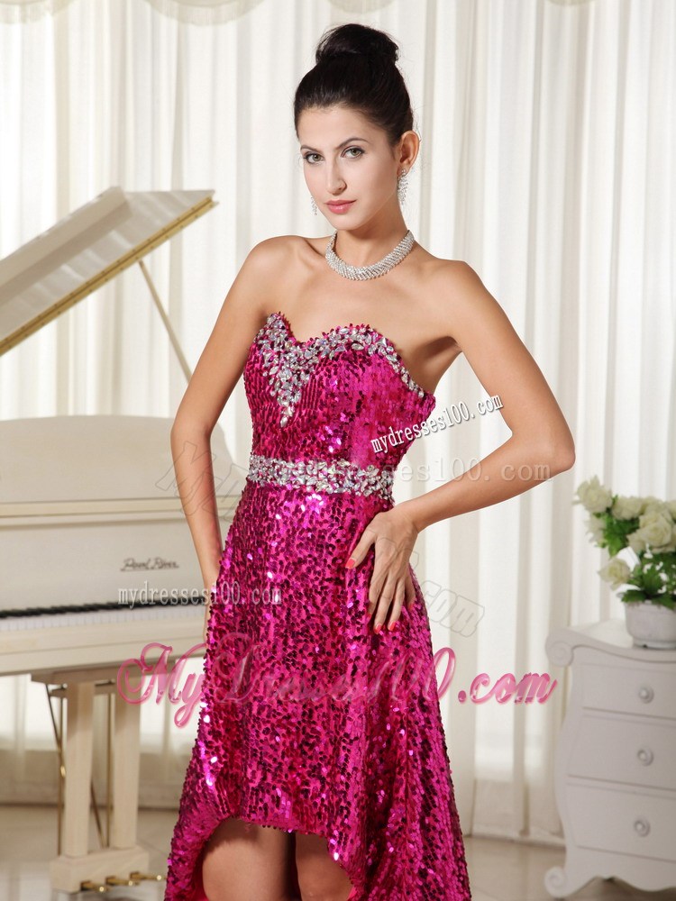 Beaded Hot Pink Sweetheart High-low Prom Dress with Sequins Over Skirt