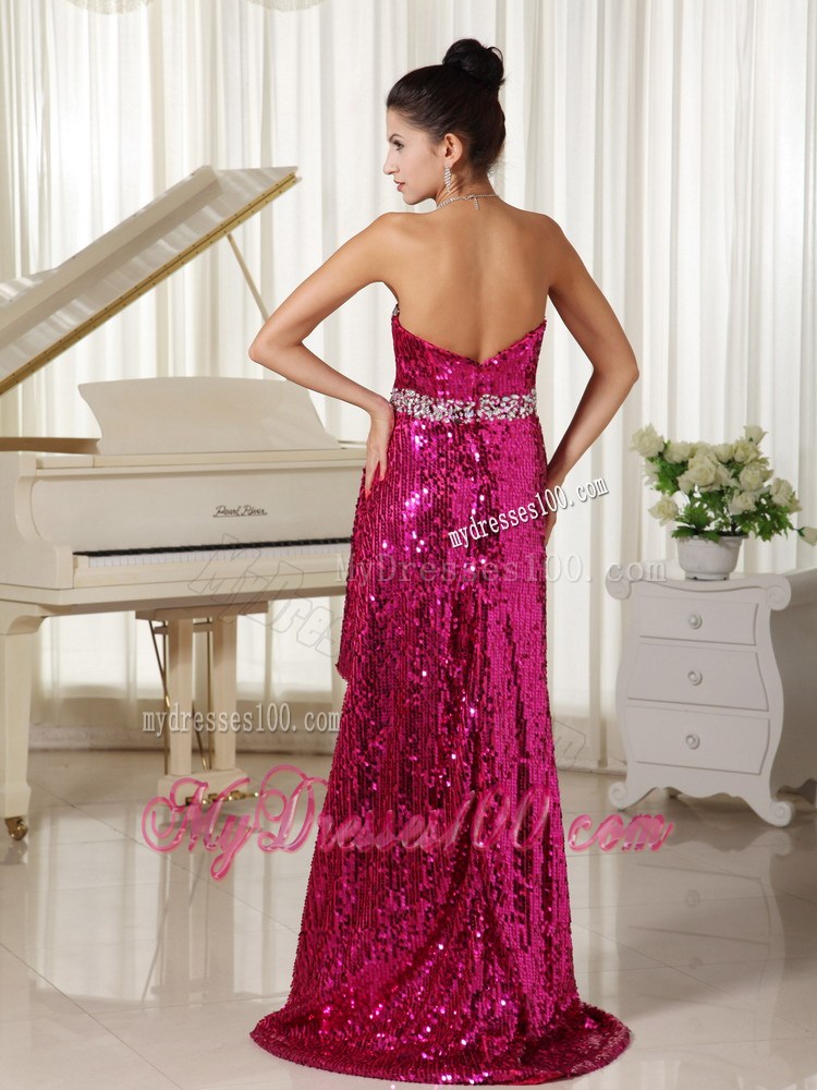 Beaded Hot Pink Sweetheart High-low Prom Dress with Sequins Over Skirt