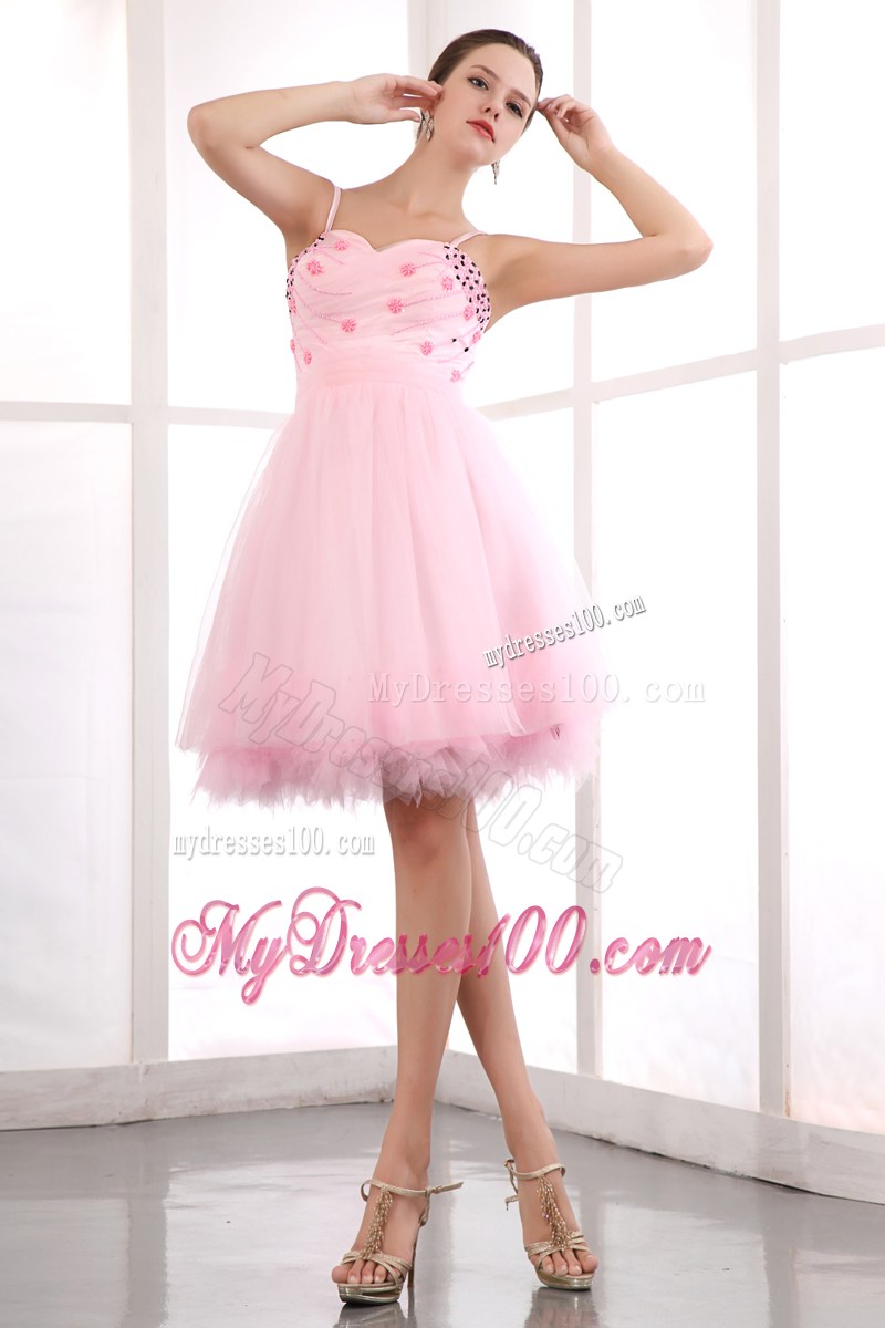 Beading Accent Sweetheart Spaghetti Straps Mini-length Baby Pink Tulle Prom Gown