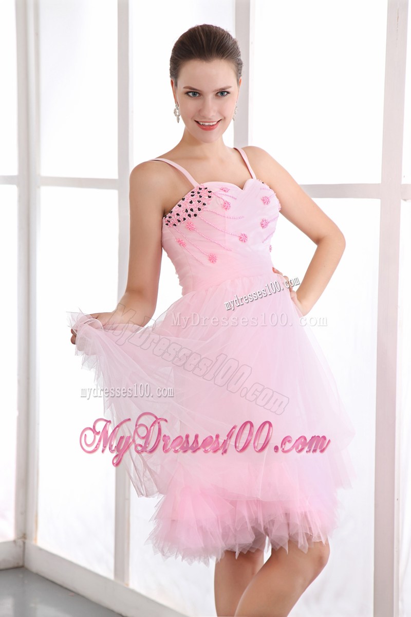 Beading Accent Sweetheart Spaghetti Straps Mini-length Baby Pink Tulle Prom Gown