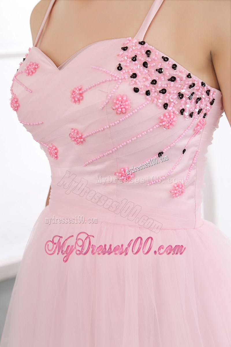 Beading Accent Sweetheart Spaghetti Straps Mini-length Baby Pink Tulle Prom Gown