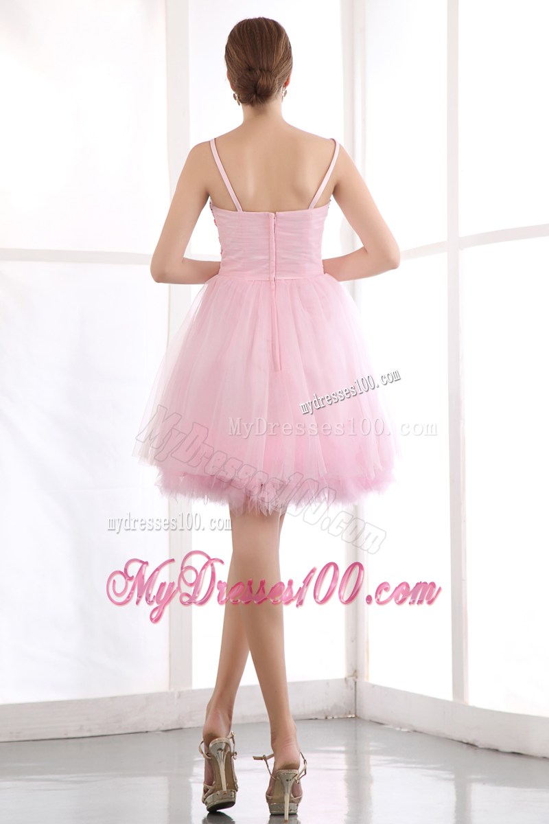 Beading Accent Sweetheart Spaghetti Straps Mini-length Baby Pink Tulle Prom Gown