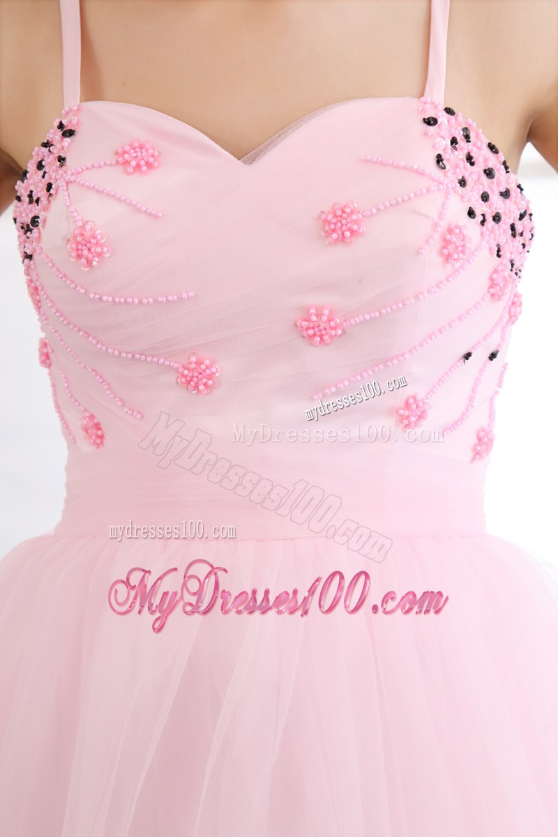 Beading Accent Sweetheart Spaghetti Straps Mini-length Baby Pink Tulle Prom Gown