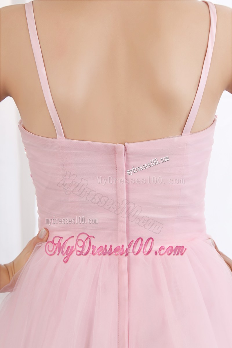 Beading Accent Sweetheart Spaghetti Straps Mini-length Baby Pink Tulle Prom Gown