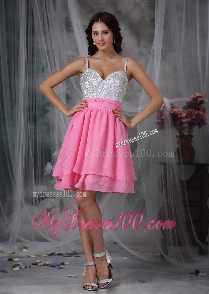 Beading and Layers Accent on White and Pink Mini-length Prom Gown