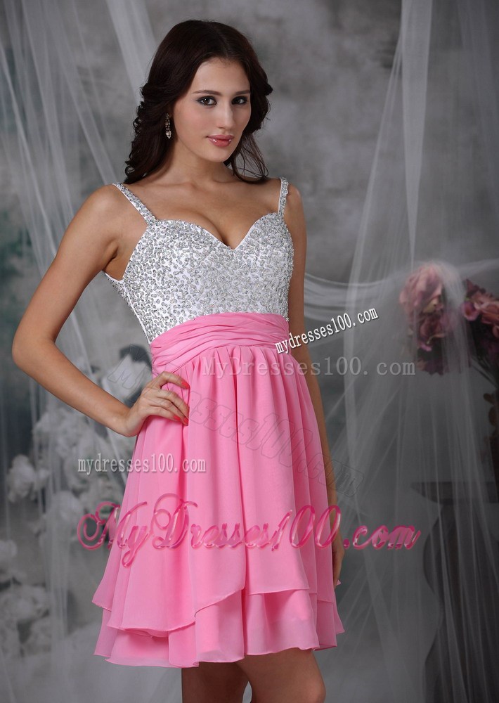 Beading and Layers Accent on White and Pink Mini-length Prom Gown