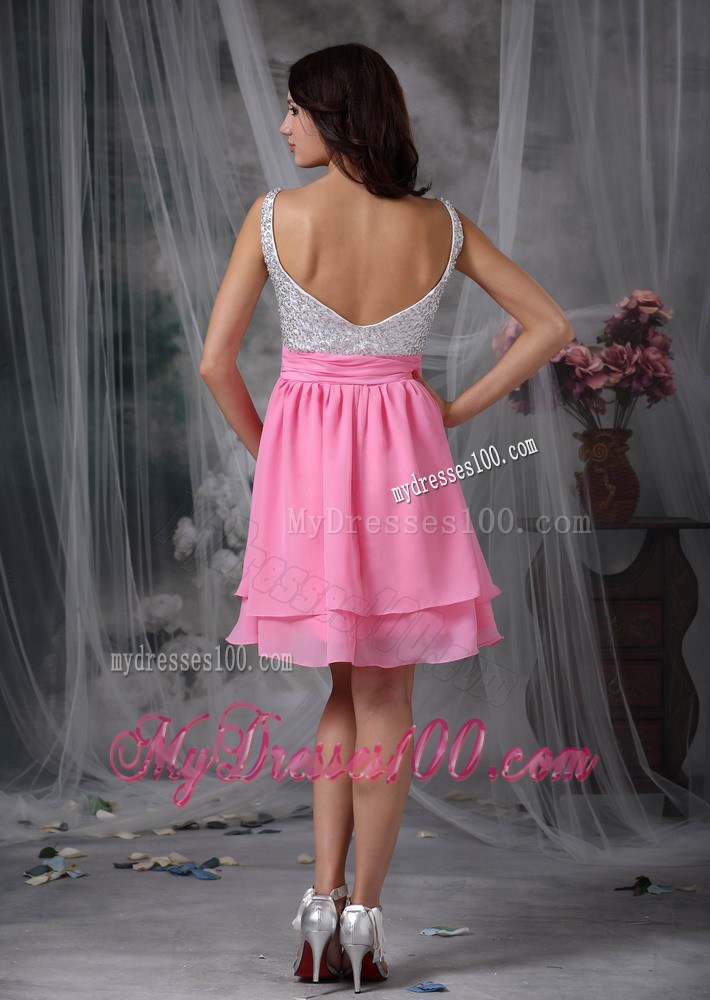 Beading and Layers Accent on White and Pink Mini-length Prom Gown